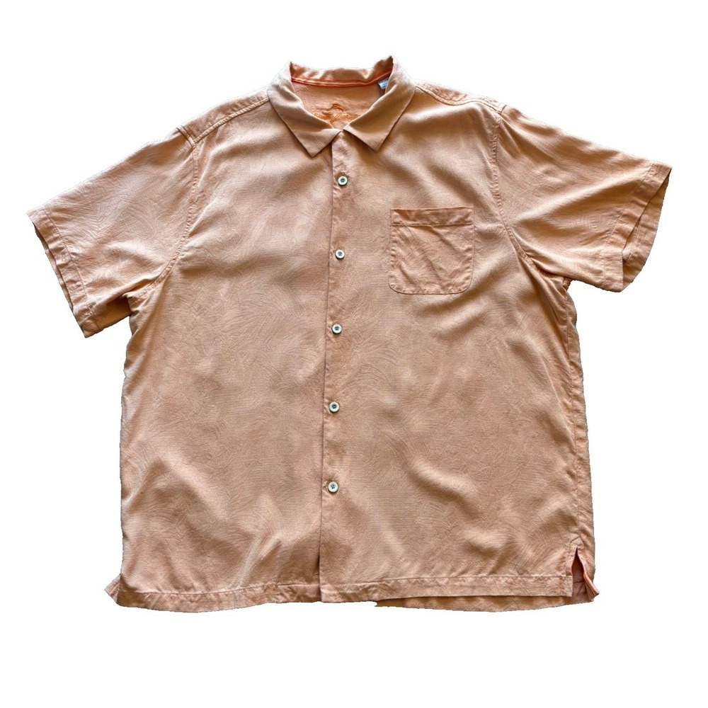 Tommy Bahama Mens XXL Silk Blend Short Sleeve Camp Shirt Peach Tropical Textured